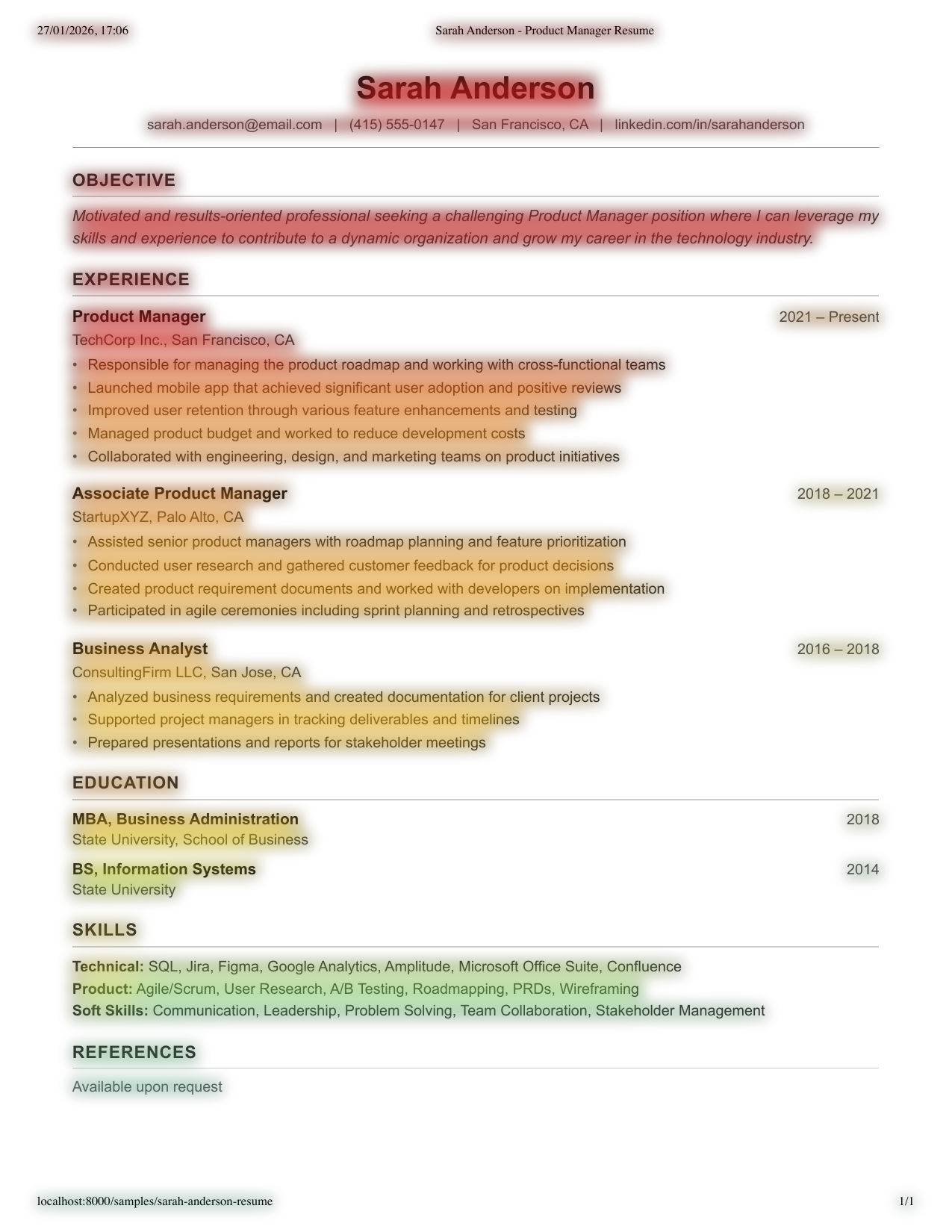 Resume Heat Map Analysis - Sarah Anderson